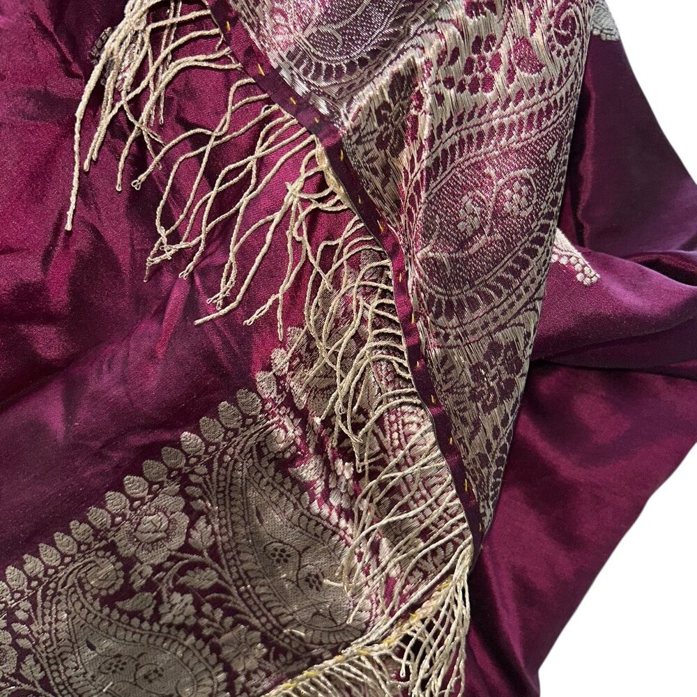Indian Sari SILK burgundy gold embroidered paisley dupatta scarf 22x70 - Picture 2 of 4